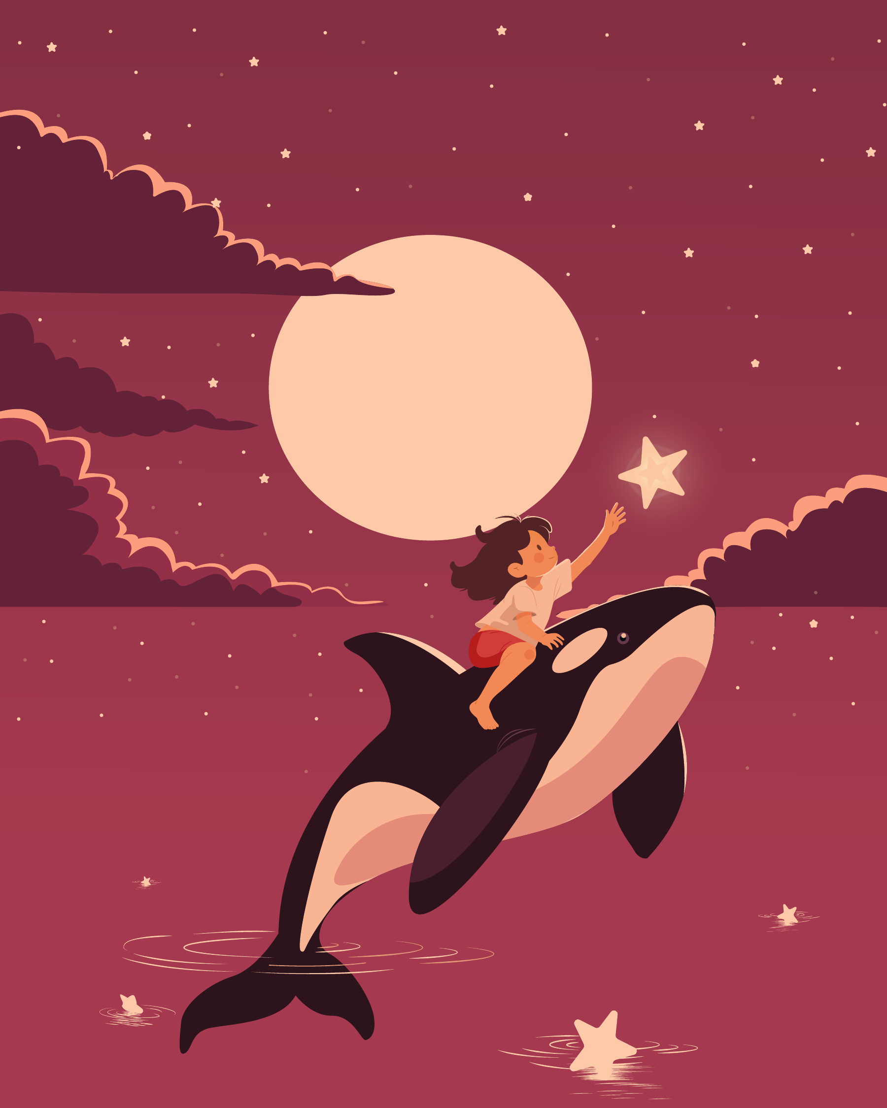 Ilustração de uma criança sobre uma orca sob uma lua grande e céu estrelado em tons de vinho e pêssego