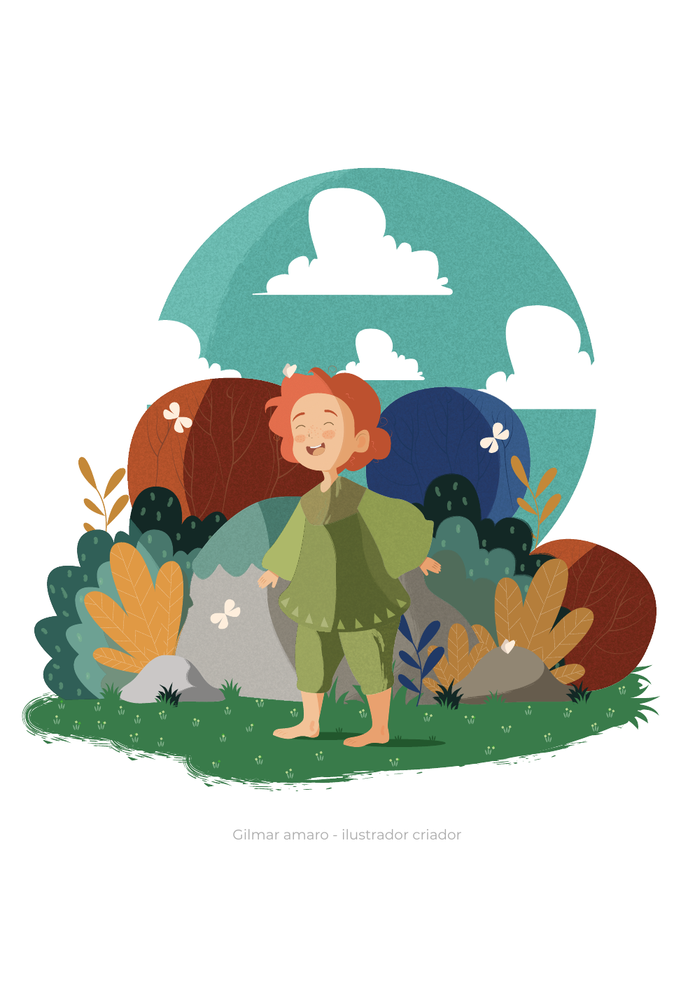Ilustração colorida de uma criança em meio a formas de natureza, vegetação e céu turquesa